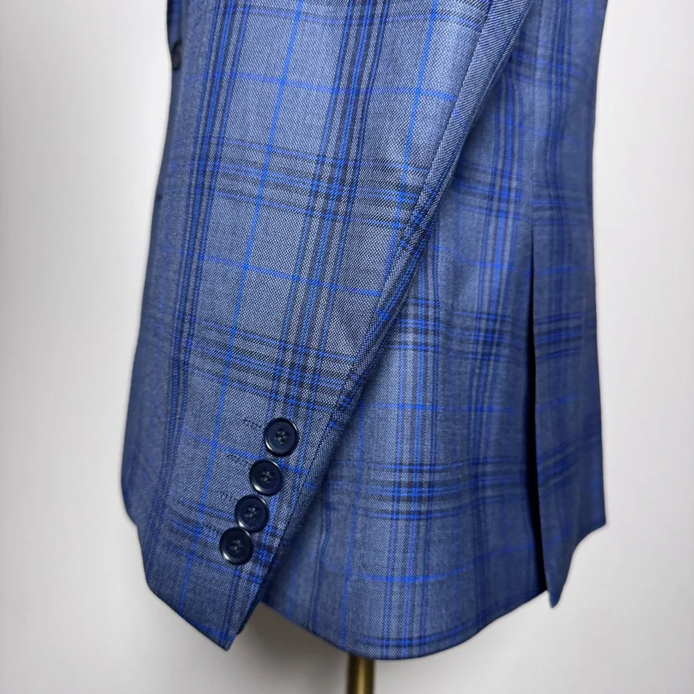 Enzo Tovare Blazer Mens 44R Blue Plaid Wool Two Button Notch Lapel Sport Coat - Picture 2 of 6